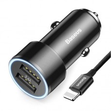 Автомобильное зарядное устройство Baseus Small Screw 3.4A Dual-USB Car Charging with  Lightning cable Set Black